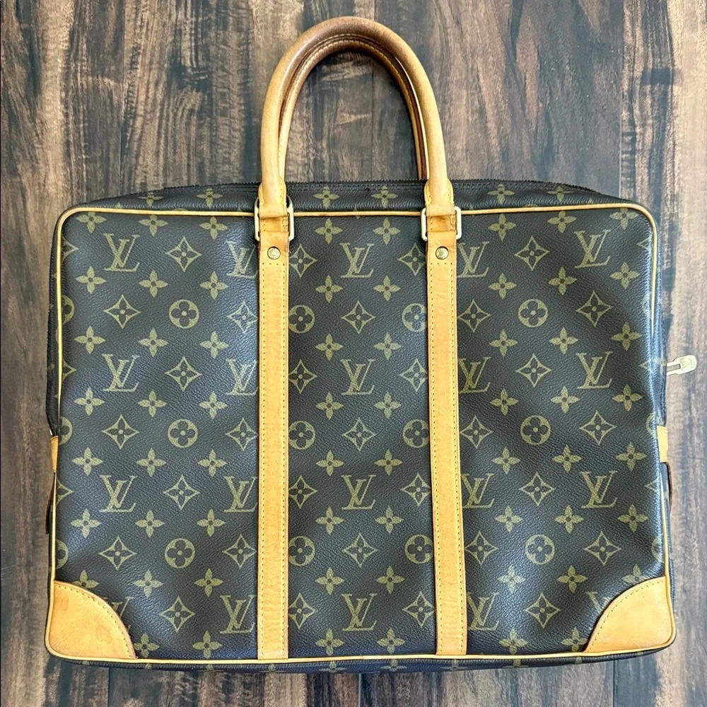 Louis Vuitton Monogram Canvas Briefcase with Tan Leather Trim